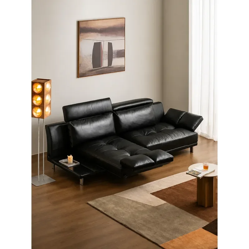 Italian Minimalist Black Leather Sofa Living Room First Layer Cowhide Straight Multi Functional Rotatable Couch