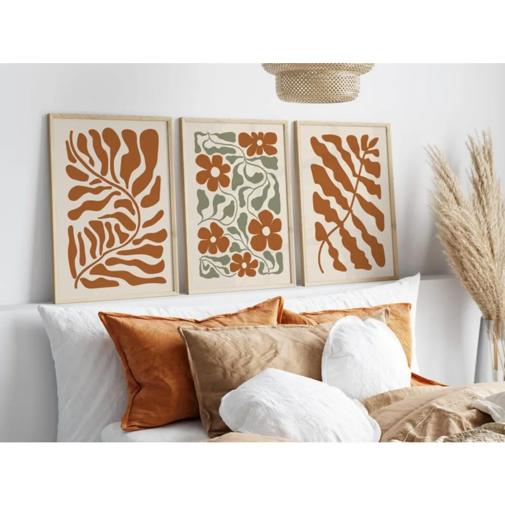 3 Frameless Burnt Orange Plant Prints, Abstract Flower Prints, Bohemian Flower Posters, Earthy Tone Gallery Printable Wall Art