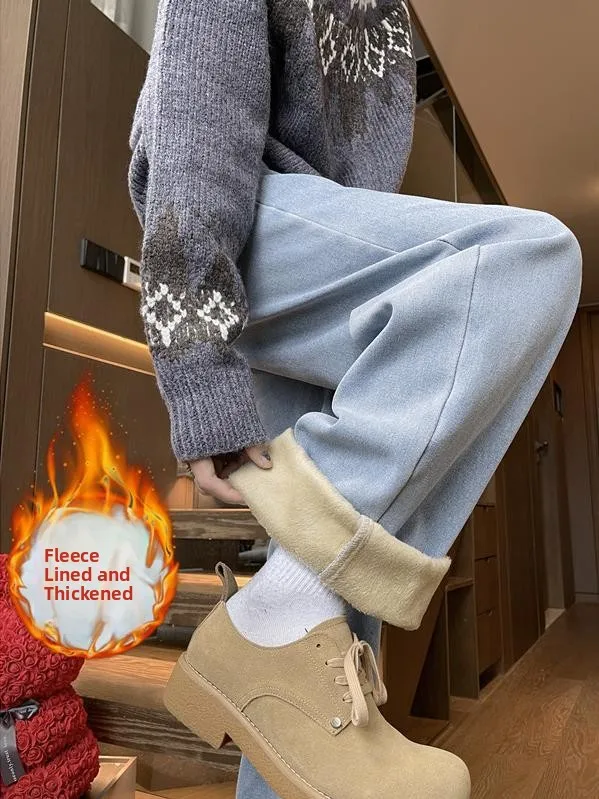 

Thiened Fce Men's Jeans Winter Straight Leg Loose Casual Long Pants Youth Faion Wear Resistant Embellied Jeans