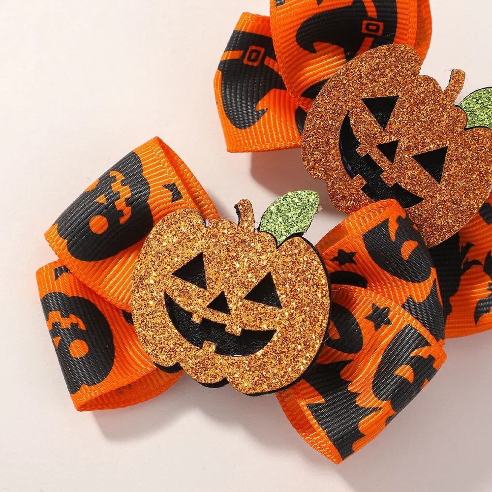 2Pcs/Set Halloween Hair Accessories for Kids Girls - Ribbon Bow Hairpin Ghost Pumpkin Bat Hair Clips for Party Decoration view 2