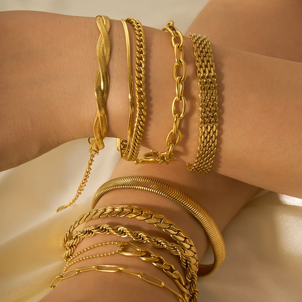 Miia 18K Gold PVD Plated Stainless Steel Link Chain Bracelet Set for Women Exquisite Waterproof Texture Jewelry Girl Beach Gifts