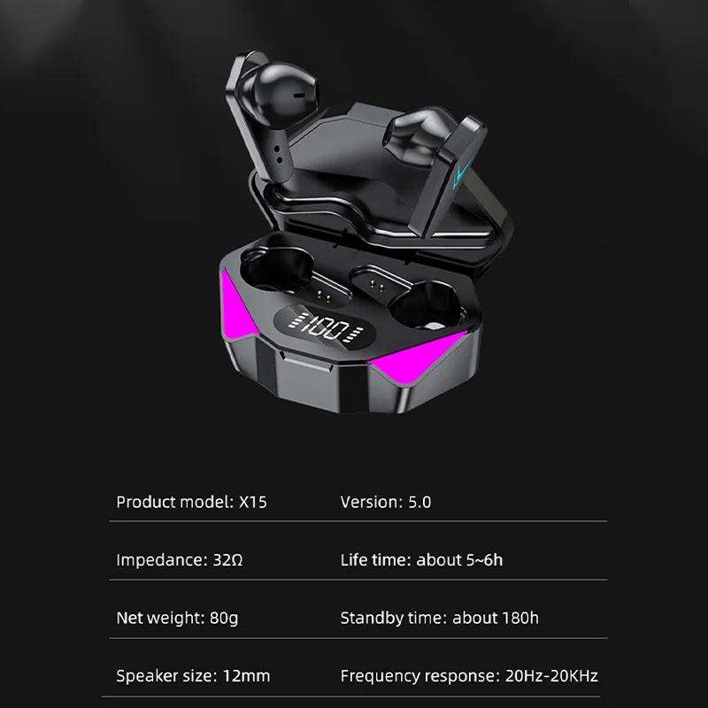 X15 TWS earbud game Bluetooth nirkabel, earphone dengan Mic Bass Audio pemosisian suara 9D Stereo musik HiFi untuk Gamer