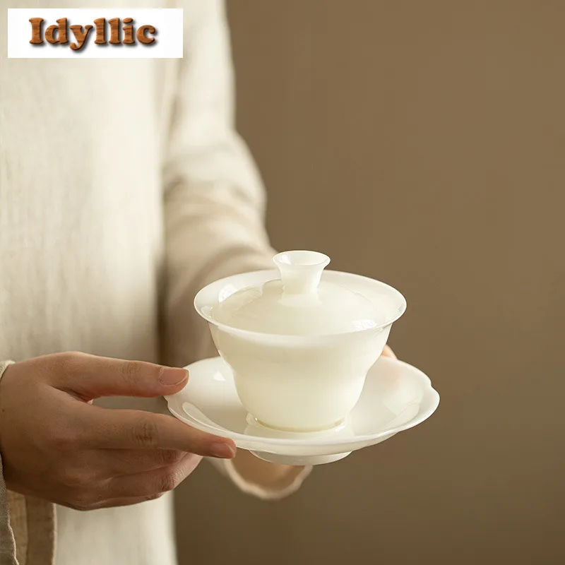 

140 мл овечий жир Jade Icy Pure White Нефритовый фарфор Gaiwan Ретро Чайная чаша для чая с крышкой Набор для приготовления чая Крышка Чаша Чайный набор