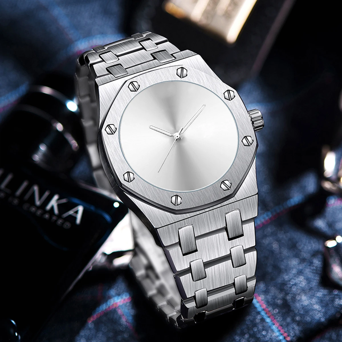 

Men Dress Watch Black Warrior Stainless Steel Plain Dial Quartz Wristwatch Waterproof Luminous Hand Auto Date reloj hombre