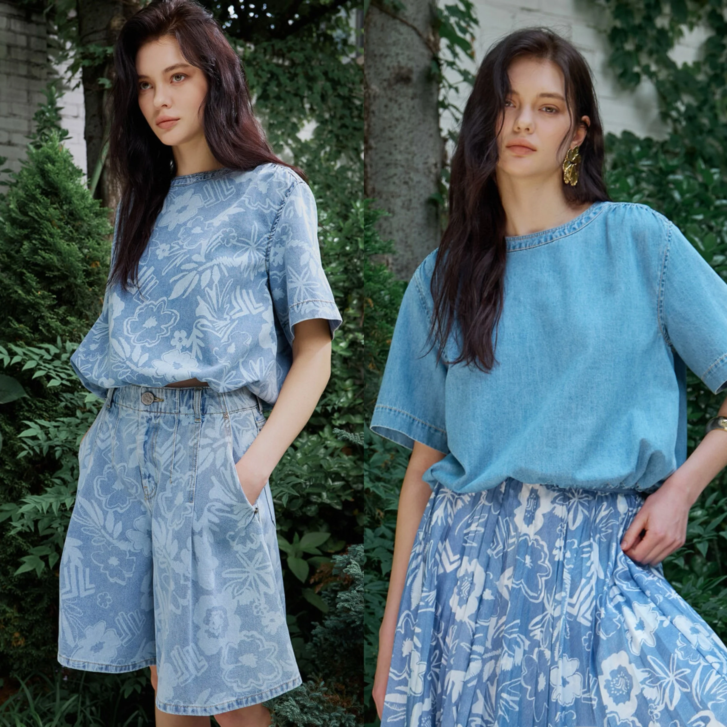 

Summer Thin Denim Print T-irt orts Korean Single Denim Set Korean Sle Print Denim Set Women's Faion Summer Outfit