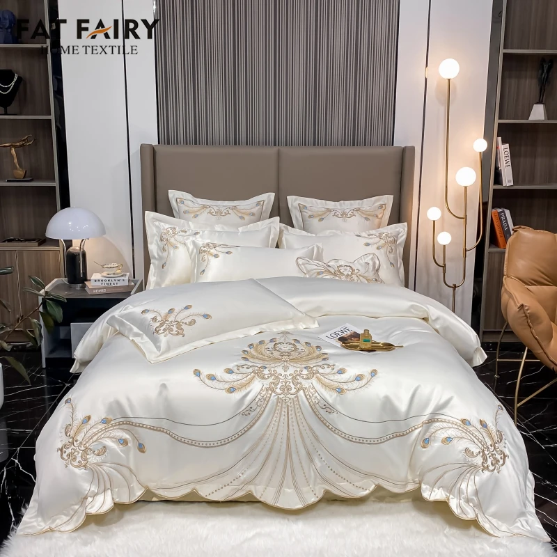 Luxury Gold Feather Embroidery Egyptian Cotton Champagne/Light Yellow Patchwork Duvet Cover Bed Sheet Pillowcases Bedding Set