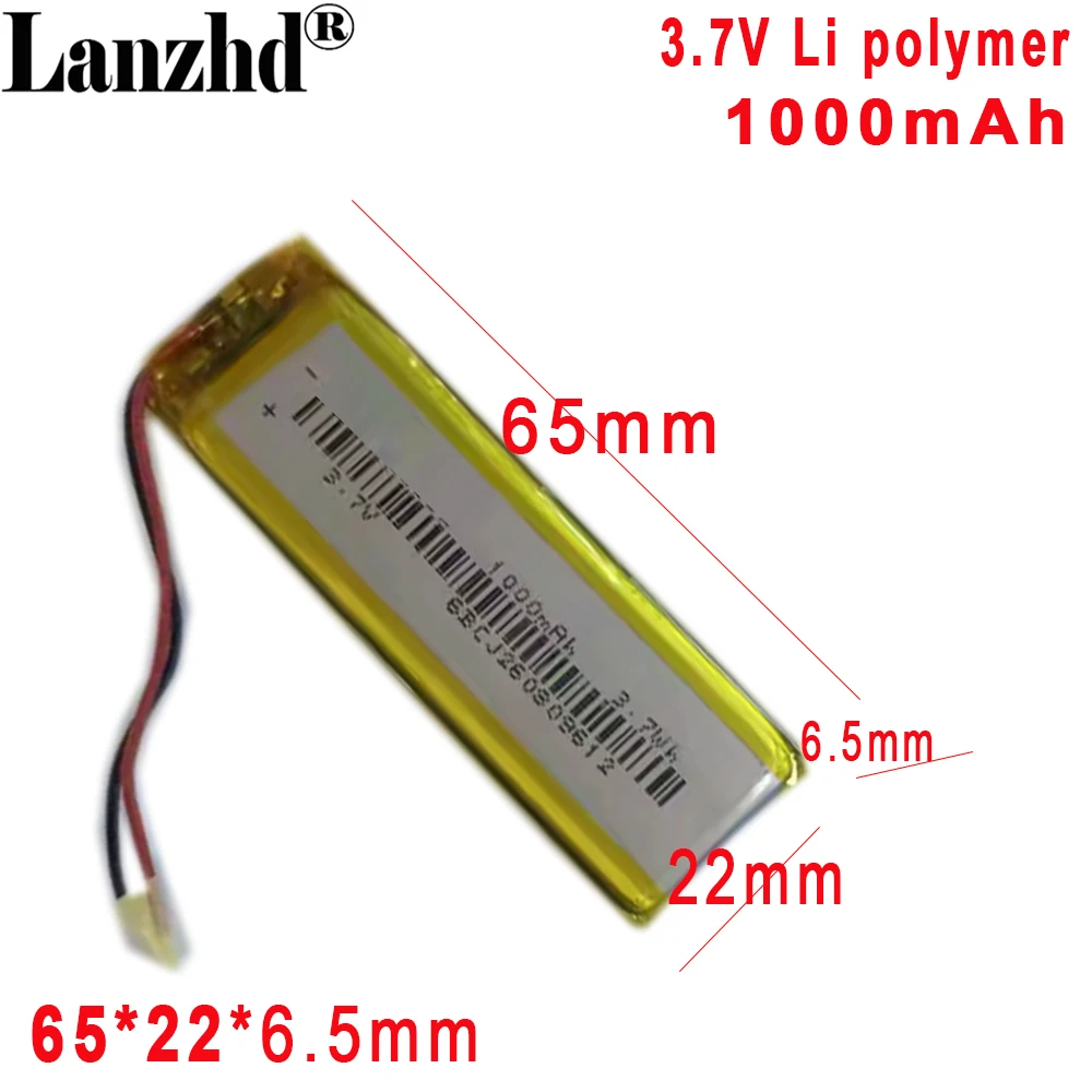 652265 3.7V Polymer Lithium Battery 1000mAh for Various LED Lamps Sound Bluetooth Digital Product Battery