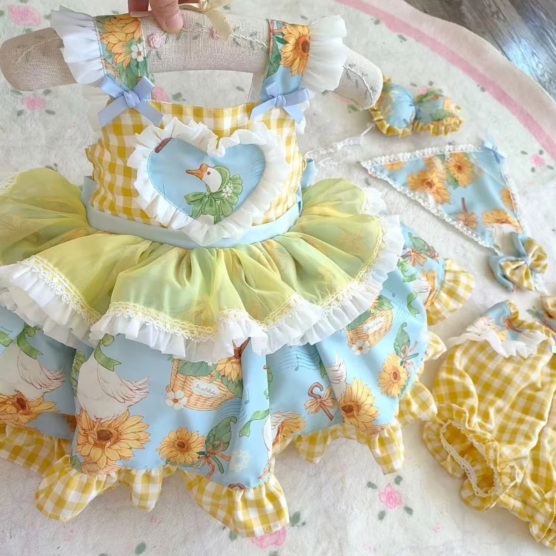 Handmade Big White Goose Girls' Summer Suspender Skirt Set Children's Girl Treasure Cute Cotton Lolita Top+Shorts 2pcs