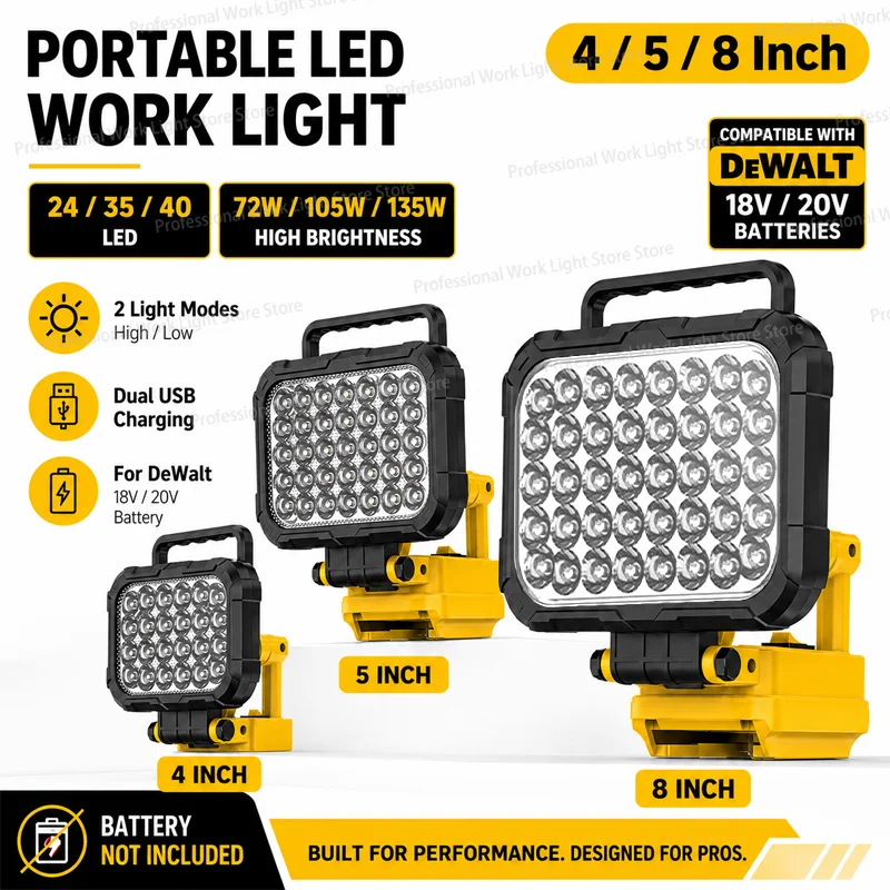 4/5/8Inch Led Light Portable Spotlights Cordless Outdoor Work Fishing Handheld Emergency Tool Light For Dewalt 18V Battery