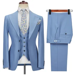 Tuxedos Men‘s Suits 3 Pieces Side Slit Peaked Lapel Man Clothing Business Formal Wedding Groom Prom Dress Wear Blazer+Vest+Pants