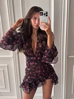 Flora Painted Ruffle Mini Dress Women Elegant Full Sleeve Deep V-neck Slim A-line Dresses 2026 Lady Holiday Street Outwears New - Image 3