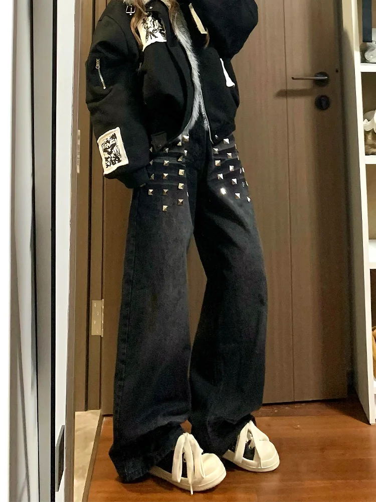 Large Size American Washed Rivet Wide Leg Jeans Women's Loose Straight Floor-Length Pants High Waist Denim Casual Trousers