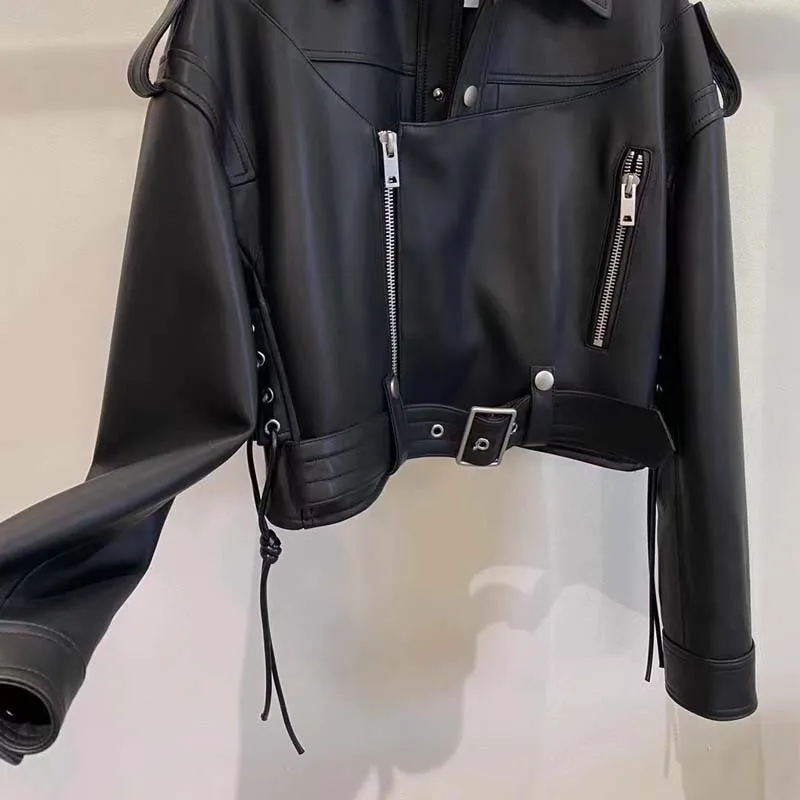 New Fashion 2023 Women Coat Spring Short Length Moto & Biker Style Turn-Down Collar Genuine Leather Jacket With Belt Long Sleeve