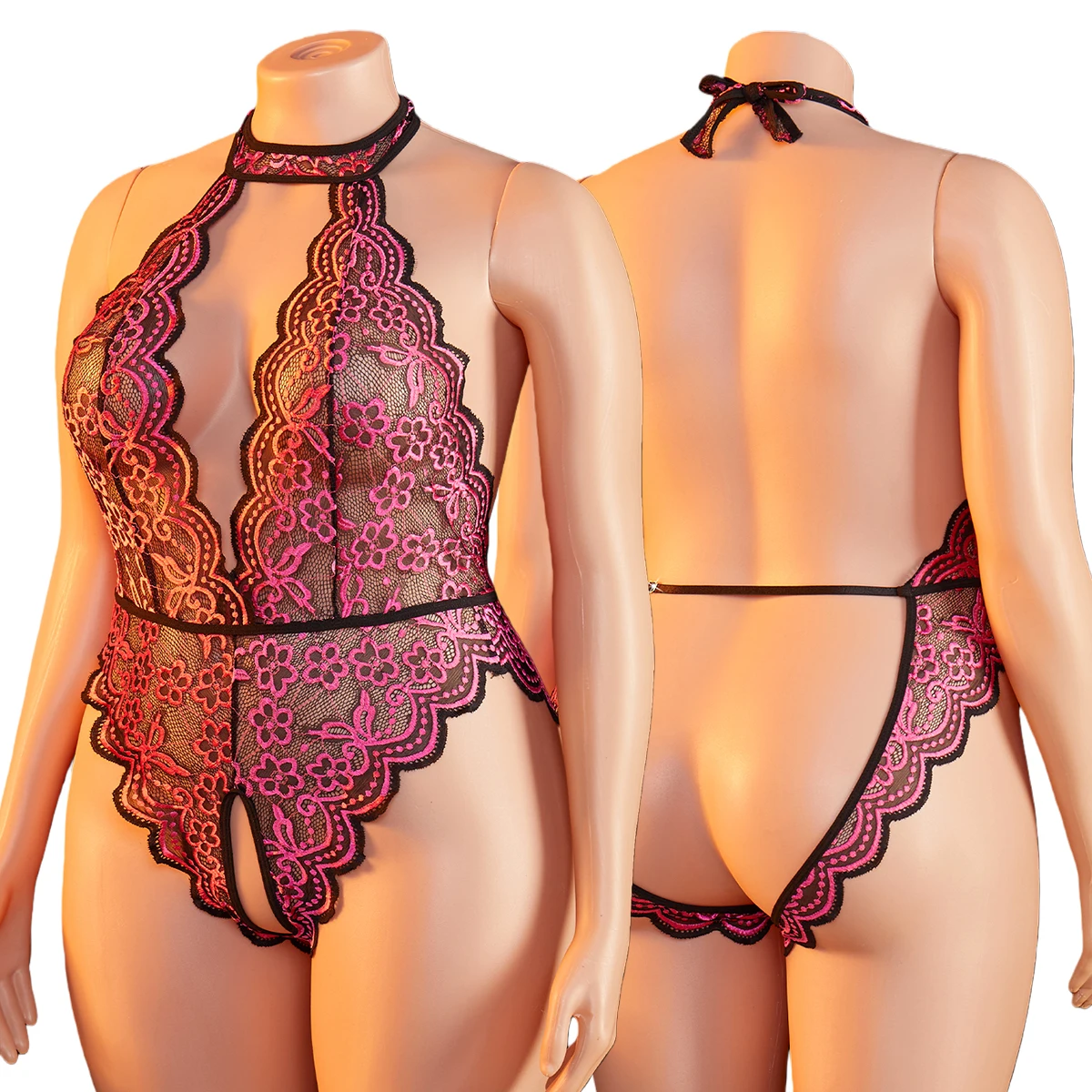 

Plus Size Bodysuit Exotic Seductive Deep V Open Bra Crotchless Erotic Backless Sheer Lace Nightdress Women's Lingerie Pajamas