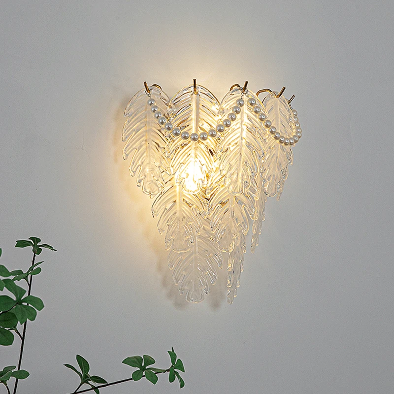 Imagem -03 - Corrente Pérola Folha de Pena Escudo Sol Flor em Forma Vidro Luminária Led Lâmpada Parede Quarto Noite Luxo Casa Decoração Aparelho