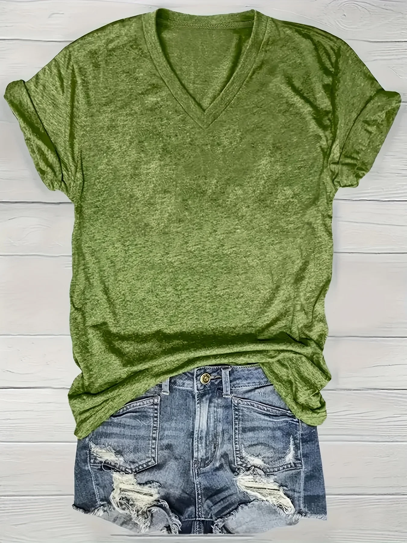 [Von Nianlian ausgewählt] Einfarbiges T-Shirt mit V-Ausschnitt, lässiges T-Shirt mit kurzen Ärmeln für Frühling und Sommer, Damenbekleidung. – Detail 5