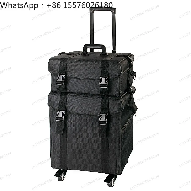 Black Professional Makeup Rolling Trolley Storage Box with Removable Top Box 2-in-1 Nylon Vanity Case with Wheels