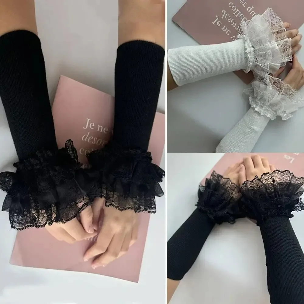 1 Paio di Maniche Lunghe alla Moda con Patchwork, Ricamo in Pizzo e Volant, Elastiche, Nere e Bianche, per Donna