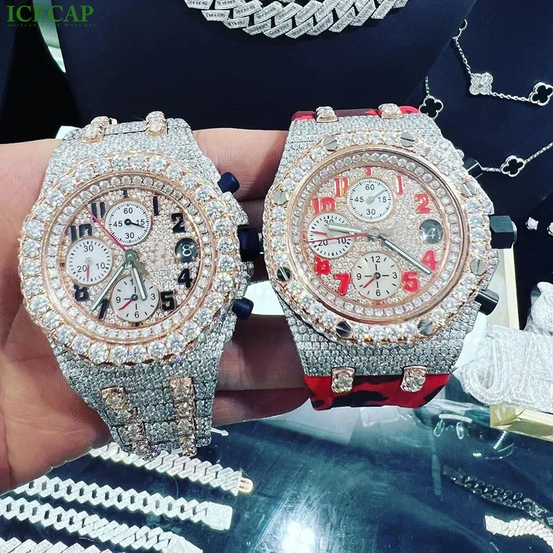 Pas verschillende stijlen aan Hip Hop Moissanite Horloge Heren Sieraden Pols Datum Mechanisch Horloge Diamond Quartz Iced Out Horloge