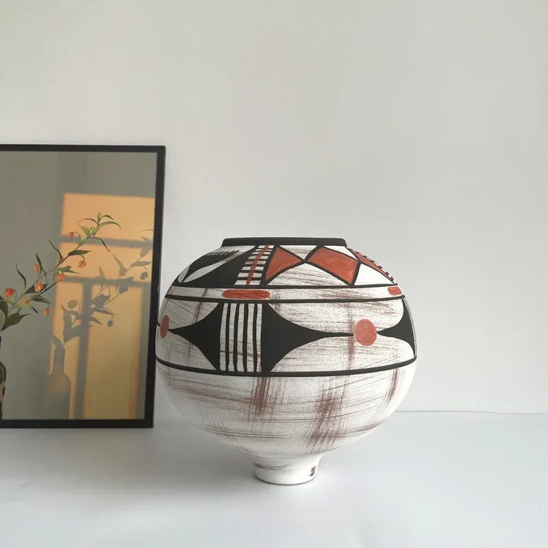 Patterned plaid ceramic vase decorative ornament, high-end Chinese pottery pot flower jewelry