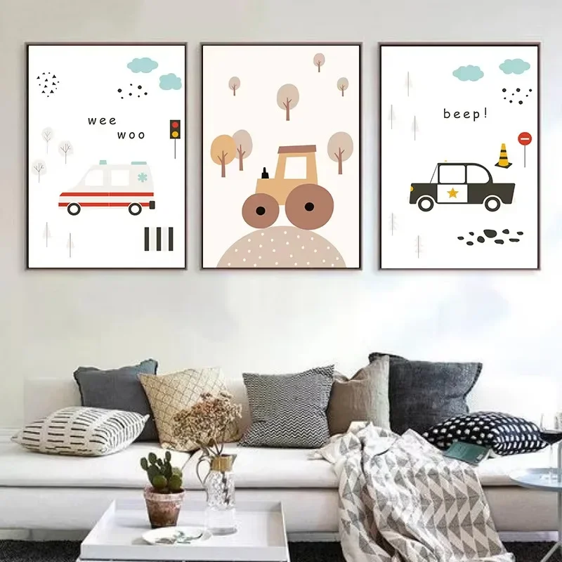 Nordic modern cartoon car ambulance police car fire truck children's bedroom decoration hanging painting core without frame