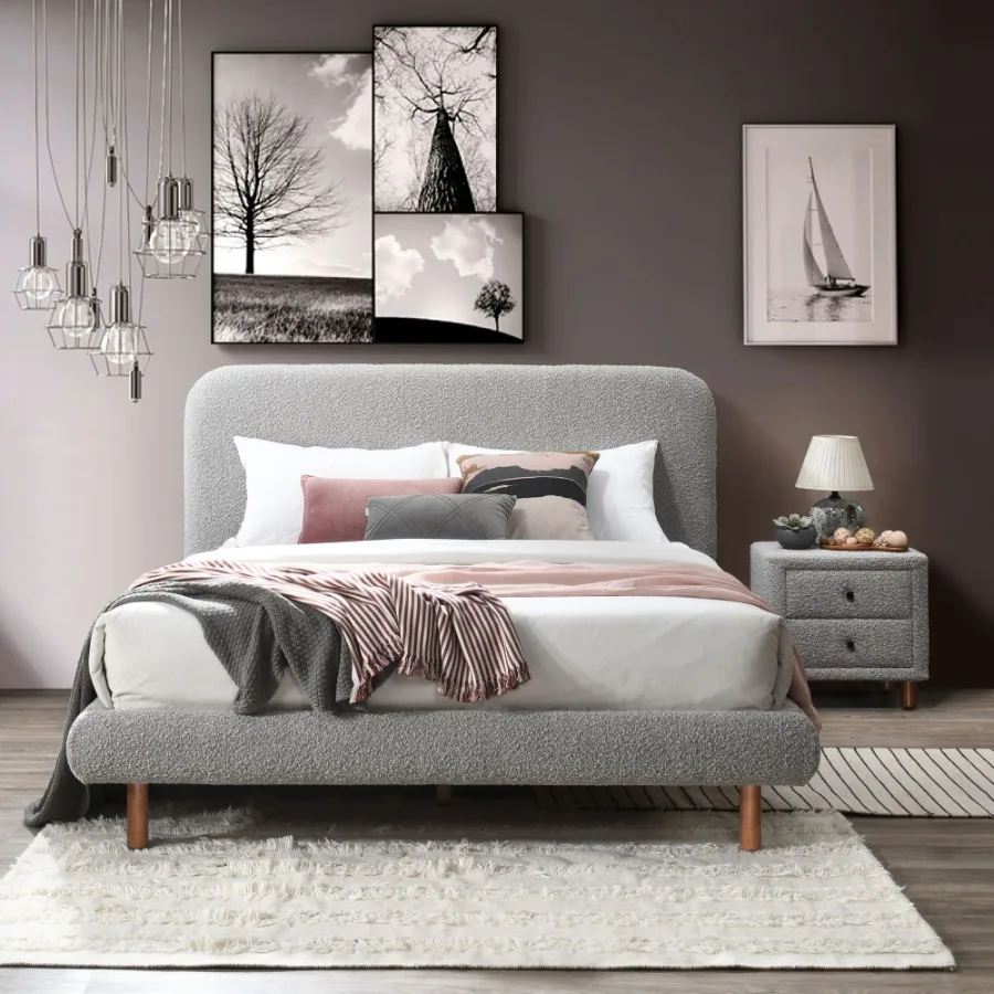 Grey Boucle 2-Drawer Upholstered Nightstand