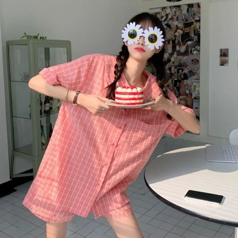 

Pajama Sets Women Summer Plaid Peter Pan Collar Sweet Loose Single Breasted Korean Style Ulzzang New Female Home Clothing Sleep