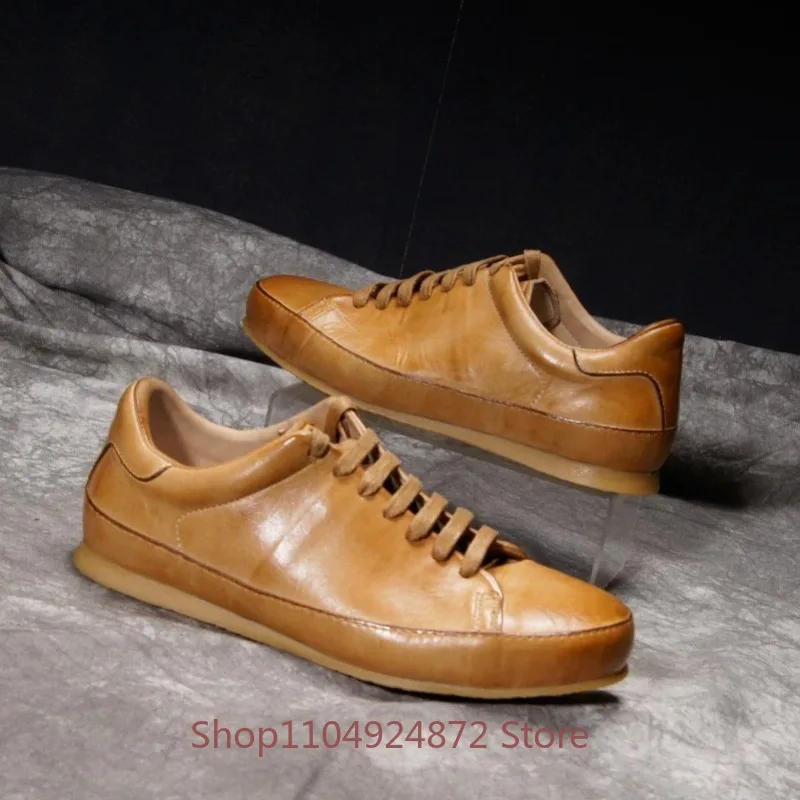 British Style Washed Handmade Sports Shoes Men's Vegetable Tanned Cowhide Casual Board Shoes Genuine Leather Training Shoes