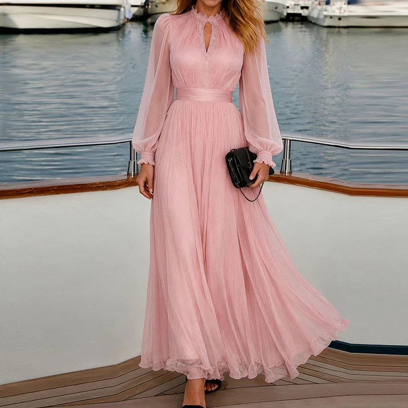 Trendy Solid Perspective Lantern Sleeve Dress Sexy Mesh Splice A-Line Dresses Elegant V-Neck High Waisted Banquet Evening Dress