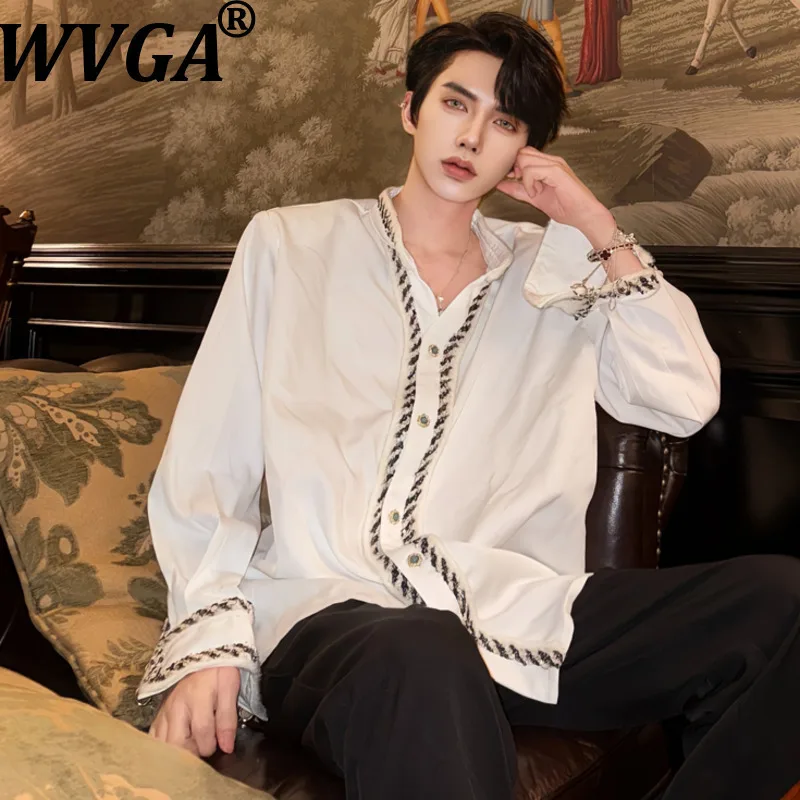

WVGA Spring Autumn New Men Tide Heavy Craft Trimmed Edge Cuff Chain Stand Collar Trendy Tops Niche Chic Casual Shirts Ins W17171