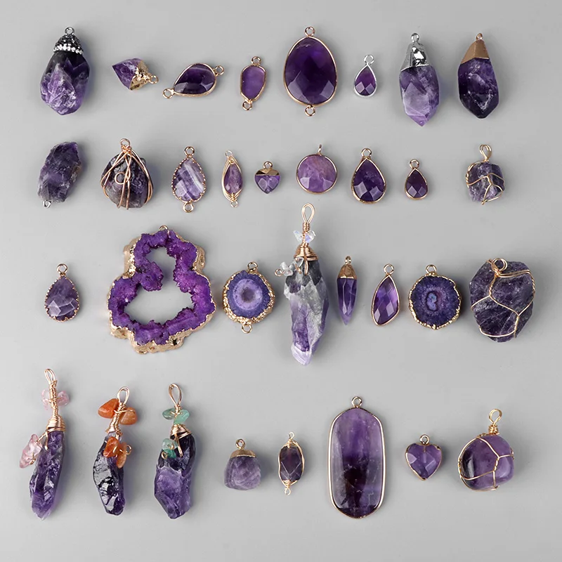Natural Purple Stone Amethysts Slice Pendant Quartz Crystal Irregular Charm for Handmade Jewelry Making Necklace Earring Diy