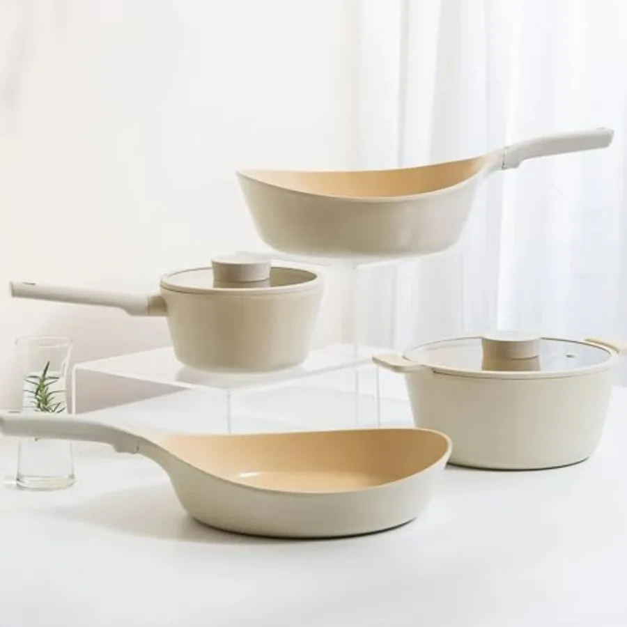 

6Piece Cookware Set with Elegant Ivory Nonstick Ceramic Coating for Induction Gas and Electric Stoves Ideal for Healthy Everyda