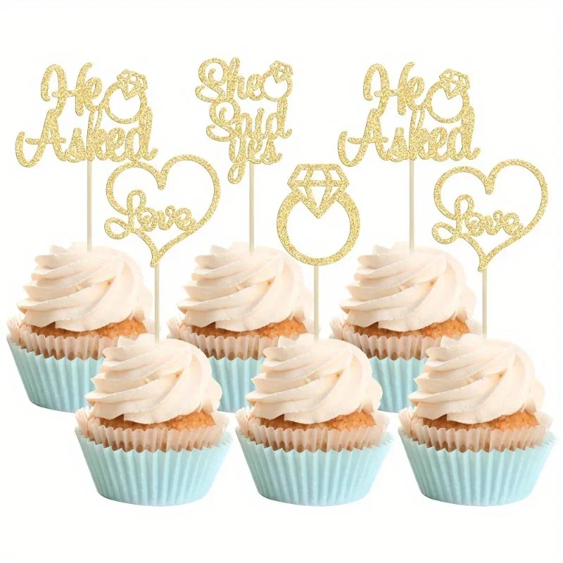 12Pcs He Asked She Said Yes Cupcake Toppers Diamond Ring Heart Love Cake Picks for Wedding Engagement Party Cake Decorations