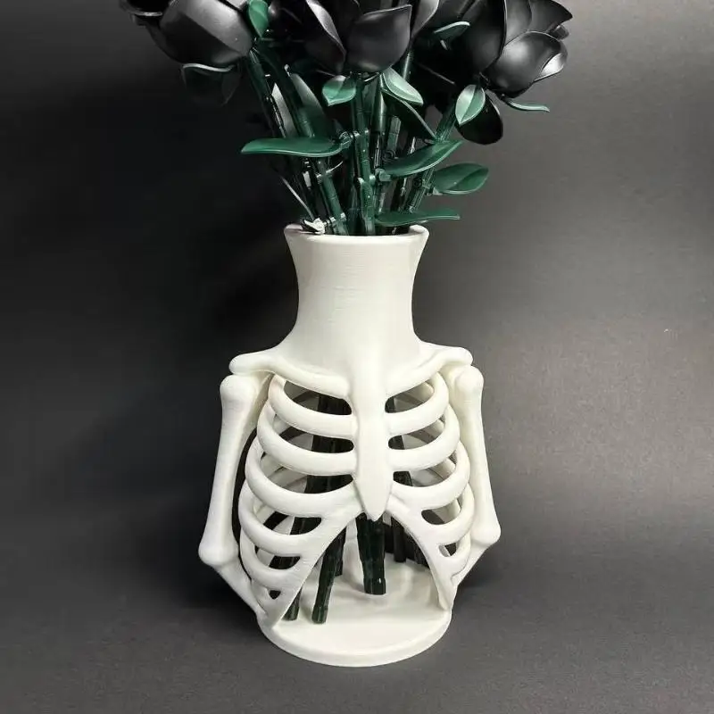 3D Printed Skeleton Ribcage Vase White Gothic Design Unique Decorative Ornament for Halloween Home Party Decor
