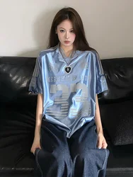 Y2K American Vintage T-Shirts Women New Korean Loose Streetwear Hip Hop Solid V-Neck Jersey Summer Blue Oversized Cool Tops 2024