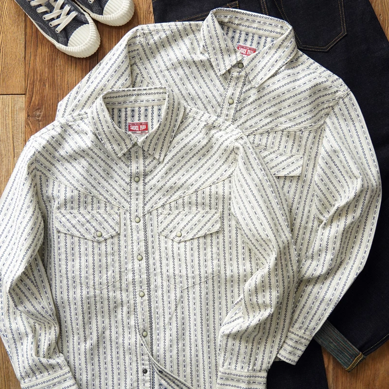 

Retro Embroidered Long Sve Men's irt Casual Stripe Linen Spring Autumn Western Sle Faionable Ame Ka Ka