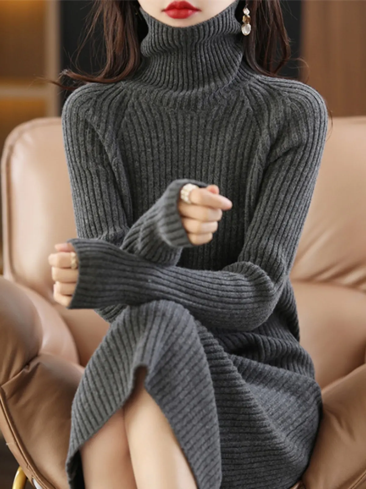 

Fall/winter coat pure wool dress women's high-necked long over-the-knee sweater skirt padded knitted cashmere dress