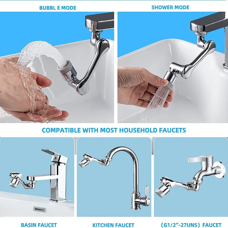 1440° Swivel Faucet Aerator Antisplash Plastic Kitchen Tap Extend Water Nozzle Faucet 22/24mm Adaptor Faucet Bubbler Robotic Arm