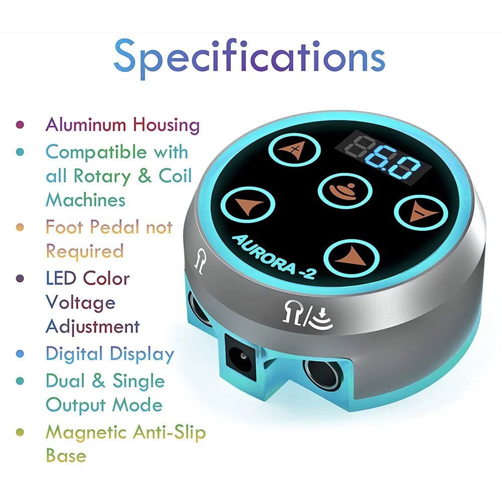 Источник питания для татуировки Aurora-2, источник питания с цветным напряжением и адаптером для катушки и роторной тату-машины-VVBC