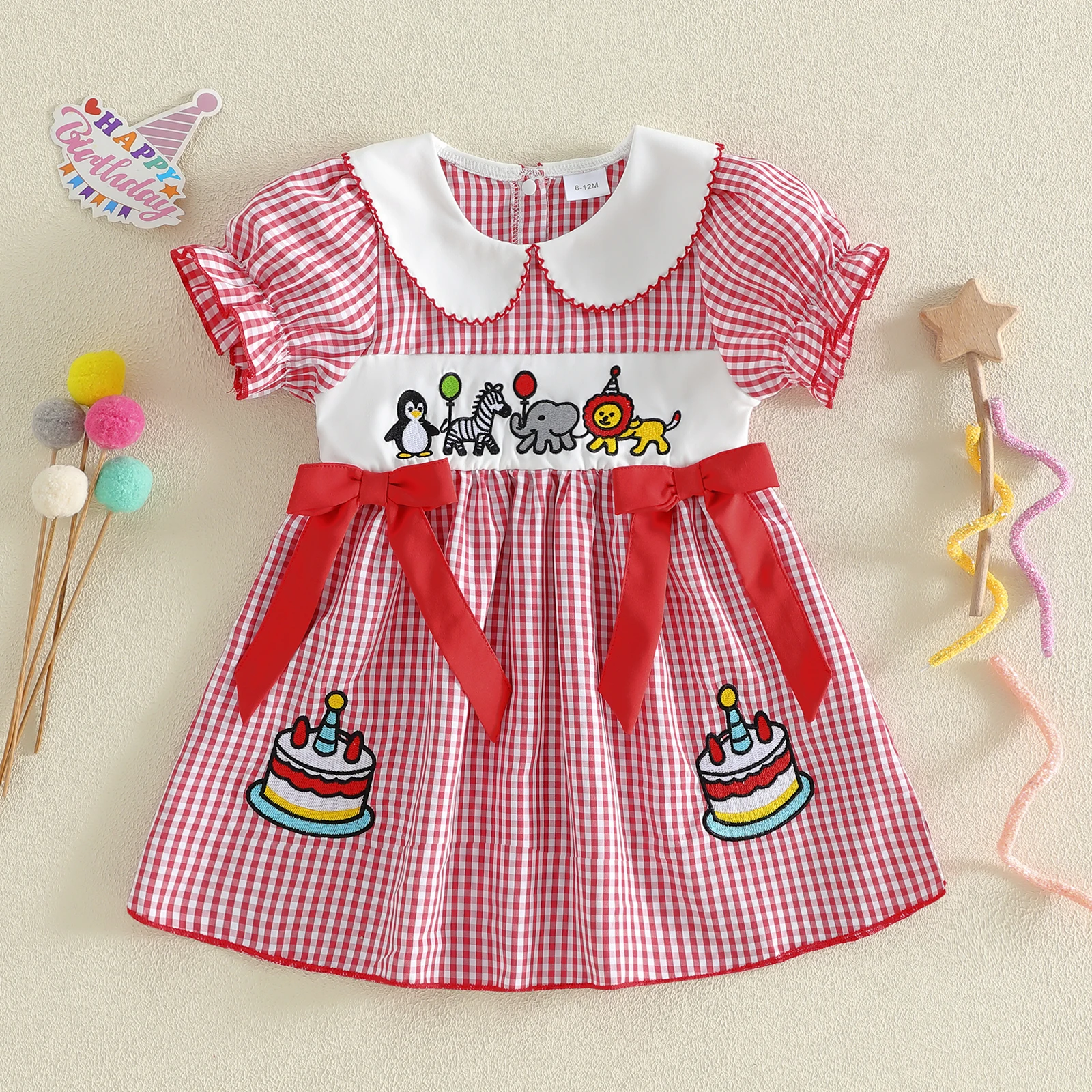 Kids Girl’s Dress, Short Sleeve Doll Collar Animal Cake Plaid Summer Dress Birthday Clothes