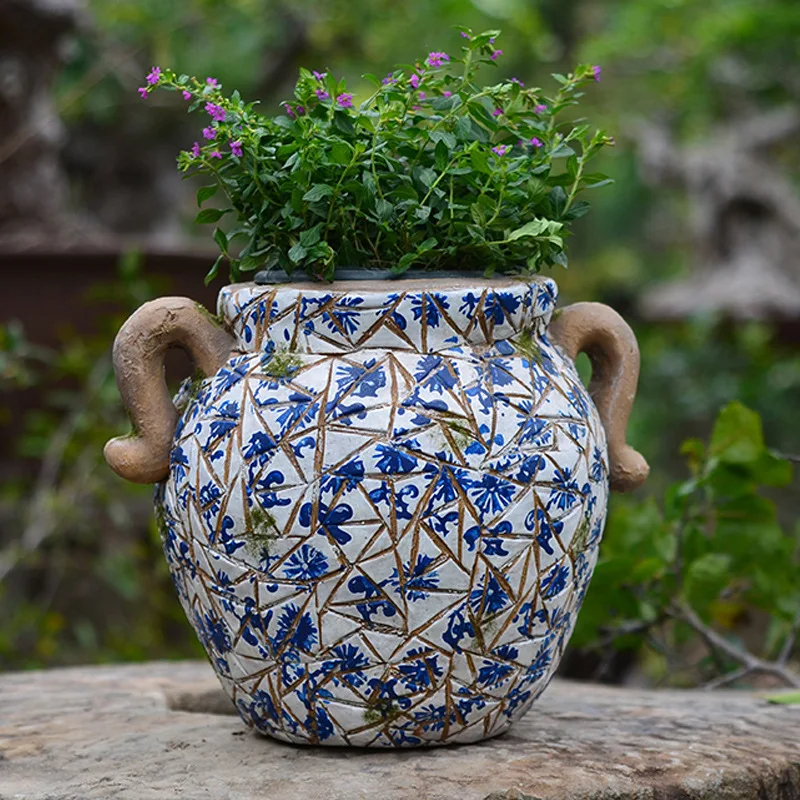 

Imitation blue flower pot round large garden green plant balcony courtyard bungalow decoration new Chinese retro home living