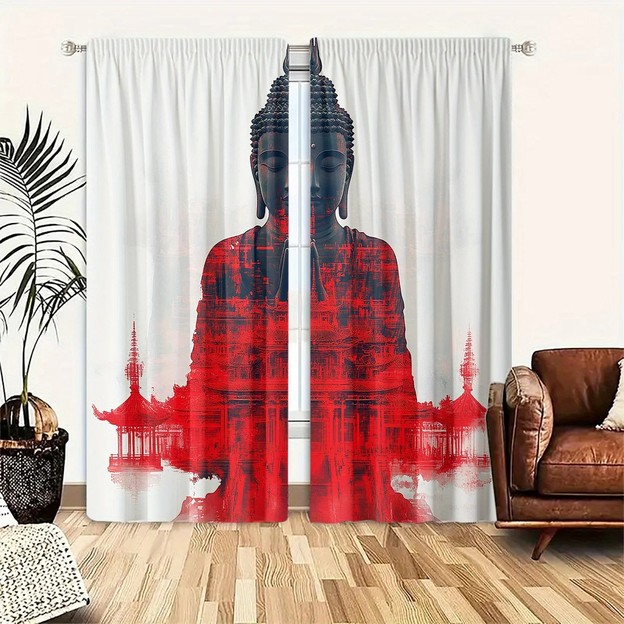 Oriental Zen Buddha Temple Curtain Panels 2 Pack, Red Ink Wash Pagoda Double Exposure Minimalist Meditation Living Room Curtain