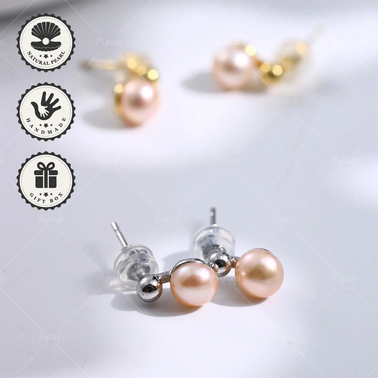 

Серьги-гвоздики Mysoya с розовым пресноводным жемчугом 6–7 мм, простые серьги с жемчугом в форме хлеба, золотистые или серебристые, подарочная коробка, подарок на День святого Валентина