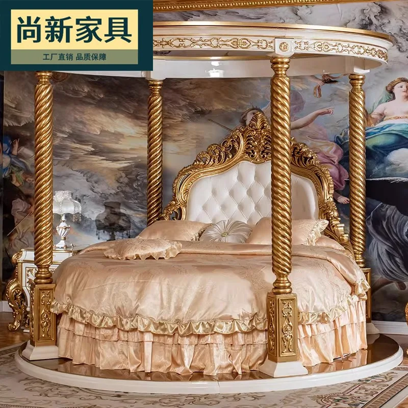 Villa French solid wood carving flower leather master bedroom double wedding bed bedroom furniture