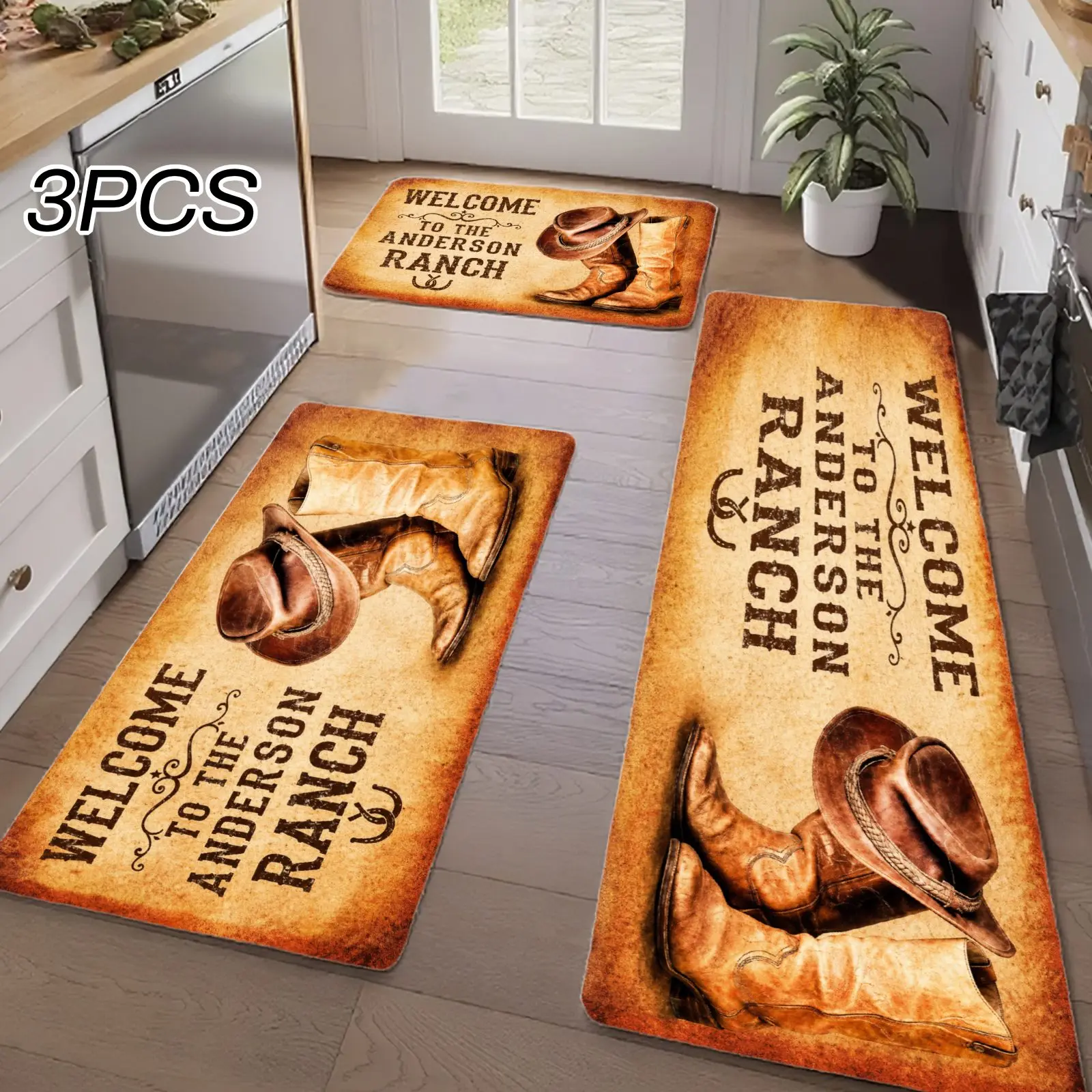 3PCS Kitchen Rugs,Home Decoration for Front Door,Kitchen,Bathroom,Welcome To The Ranch With Cowboy Hat And Boots Dining Mat
