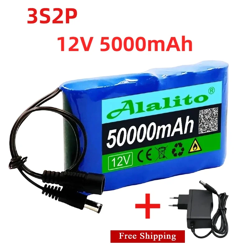 

18650 12V 50000mah 100% New 3S2P Protection Plate Lithium ion DC Battery Pack 14Ah Camera Monitor Replacement Battery + Charger