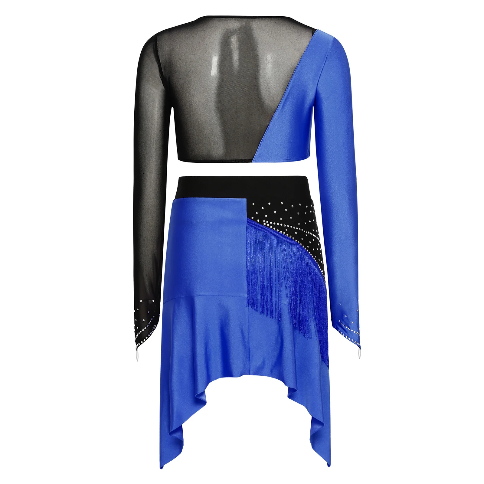 

Women 2pcs Latin Dance Performance Costumes Long Sleeve Mesh Tassel Crop Top And Fringe Skirt Outfit for Tango Tap Cha-cha Salsa