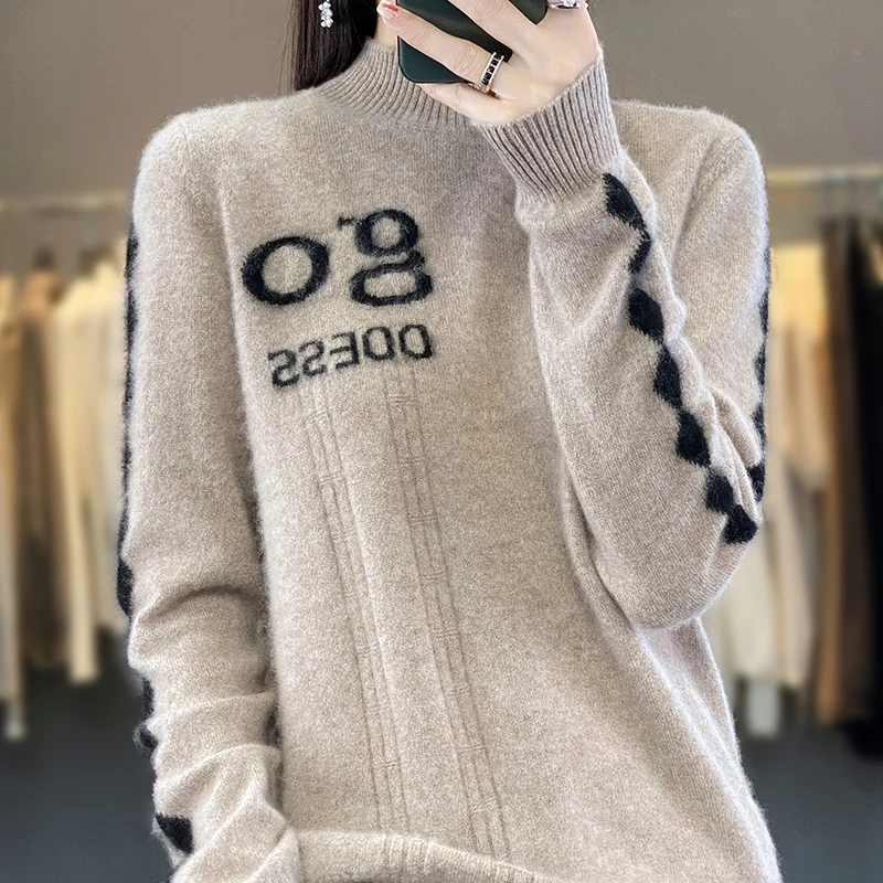 Autumn and Winter Fashion Trend 100% Pure Wool Sweater Half High Neck Color Embroidery Pullover Women's Knitted Loose Top