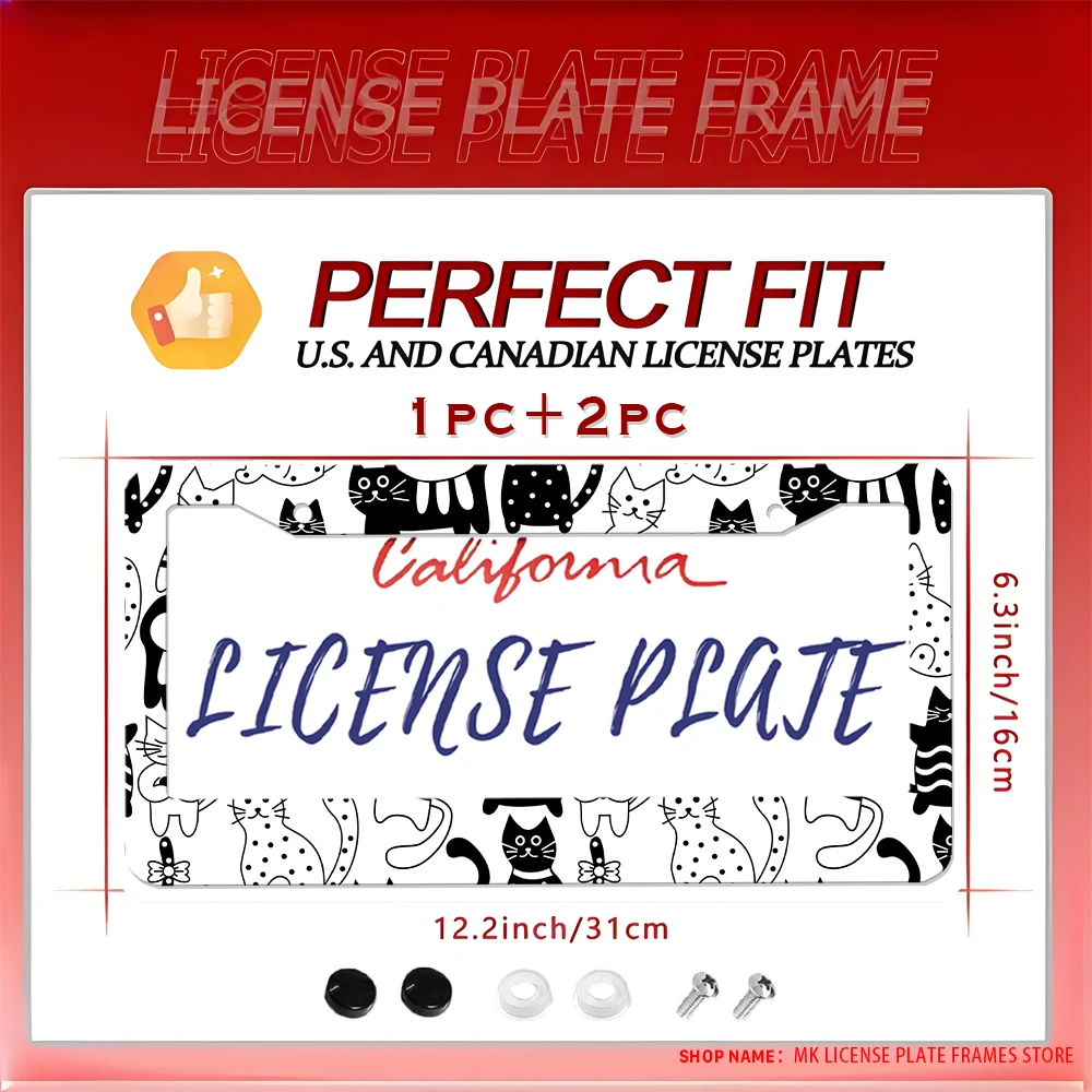 

Черно-белая алюминиевая рамка номерного знака с принтом мультяшного кота с 2 отверстиями и комплектом винтов, новинка и забавное украшение автомобиля в подарок