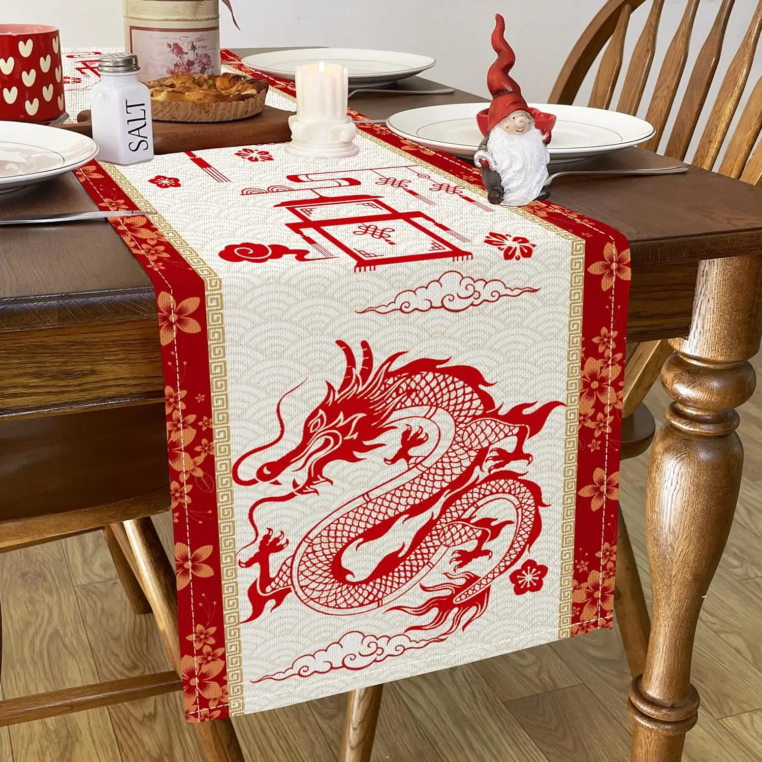 Spring Festival Year of Dragon Linen Table Runner Happy Chinese New Year 2024 Holiday Party Home Kitchen Dining Table Decoration